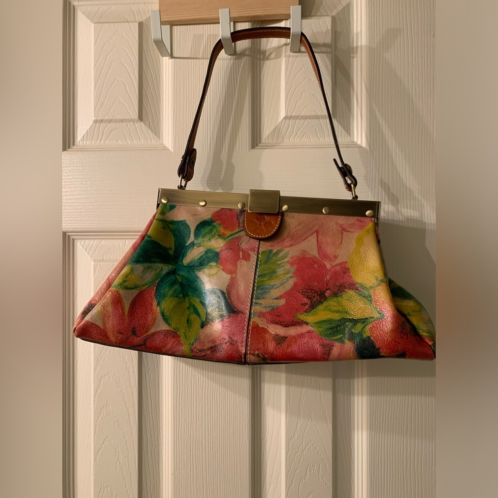 PATRICIA NASH Dyed Floral Italian Leather Metal Clasp Trim Satchel Handbag Purse